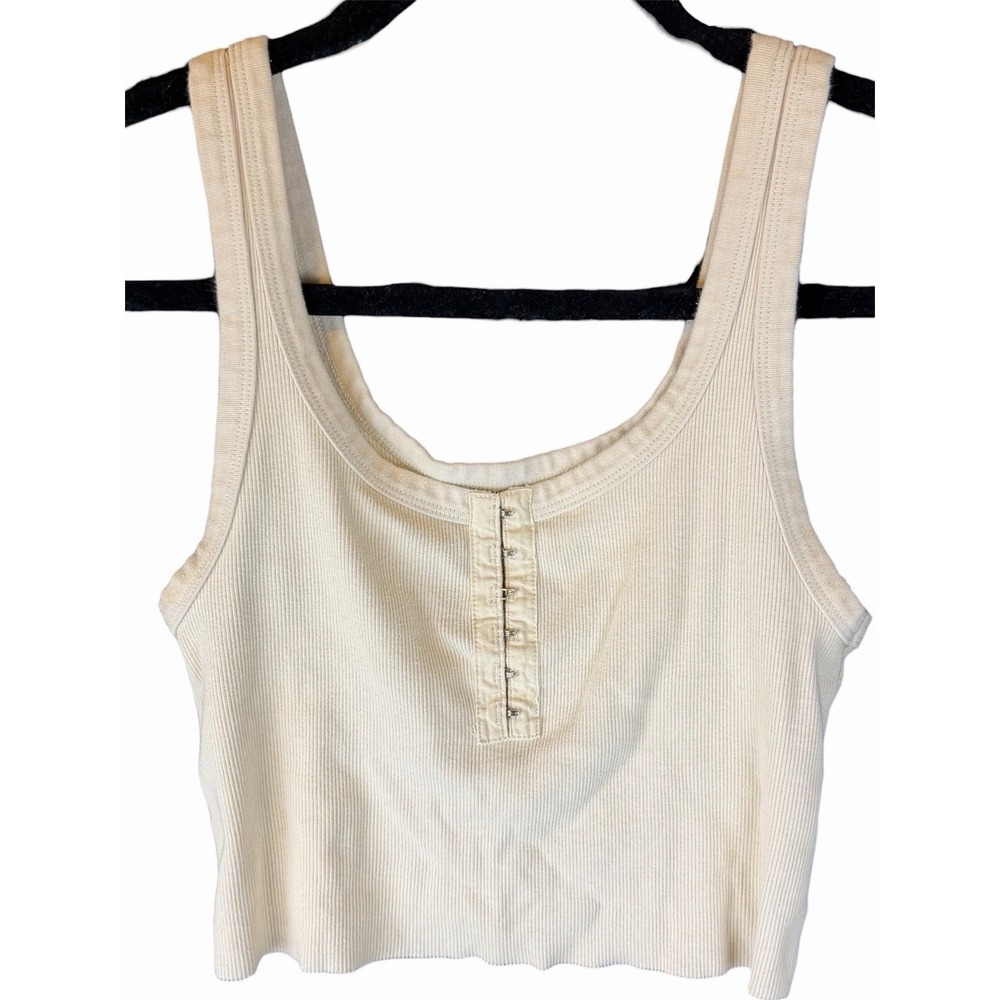 Aerie Tank Top Women's M Ribbed Tan Henley Shirt Basic Fitted Hook & Eye Closure
